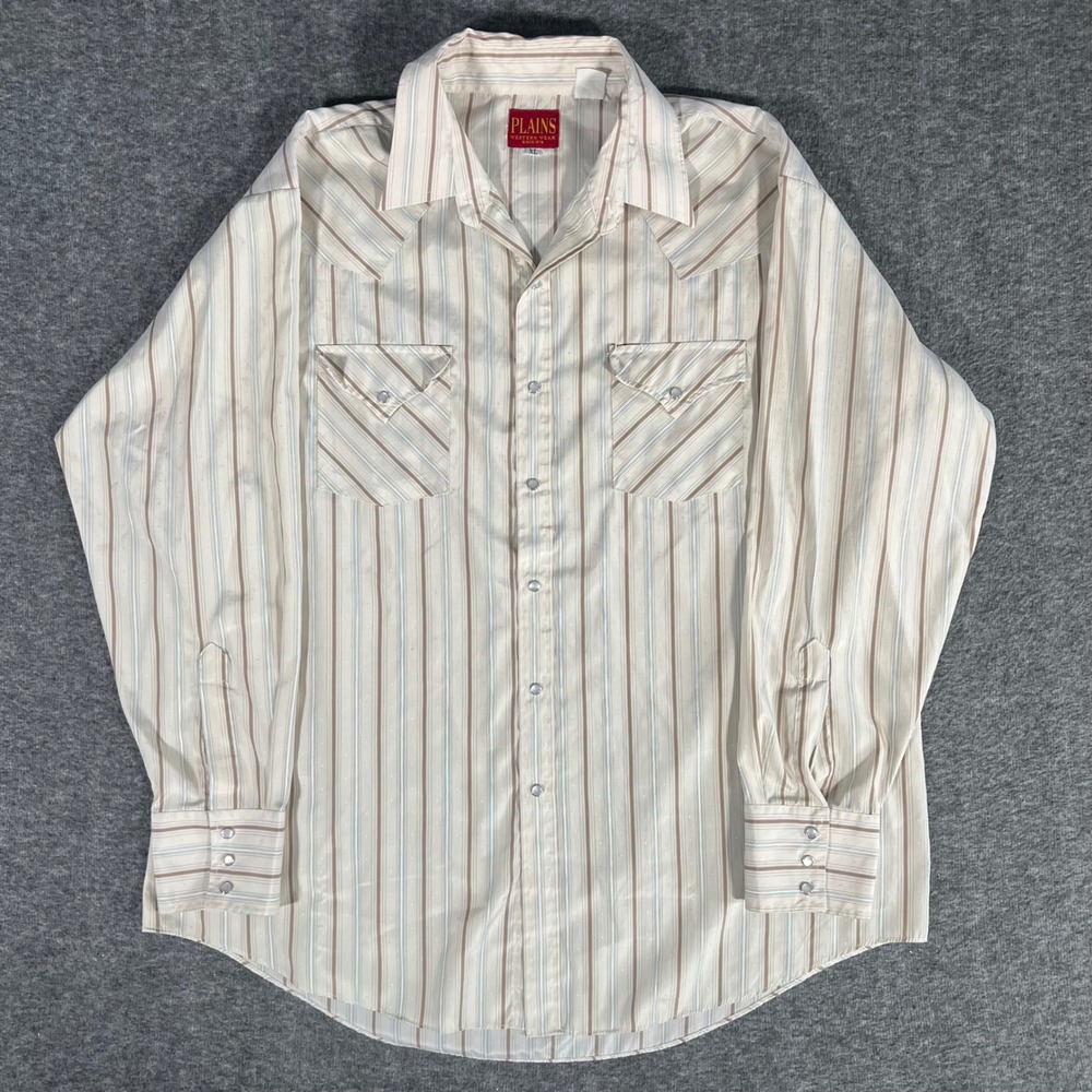 Vintage Plains Western Wear Pearl Snap Shirt XL Striped Tan Long Sleeve Cowboy